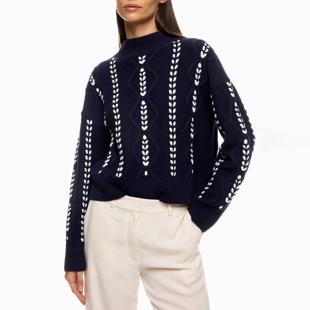 New Rails Tori Lace Up Cotton Blend Sweater Navy White XS $288